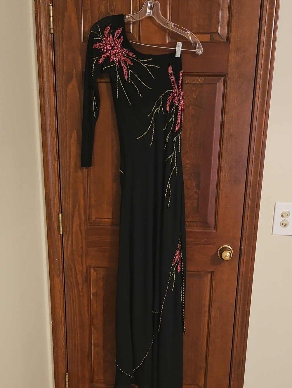 Black One-Shoulder Evening Gown with Pink and Gold Embroidery